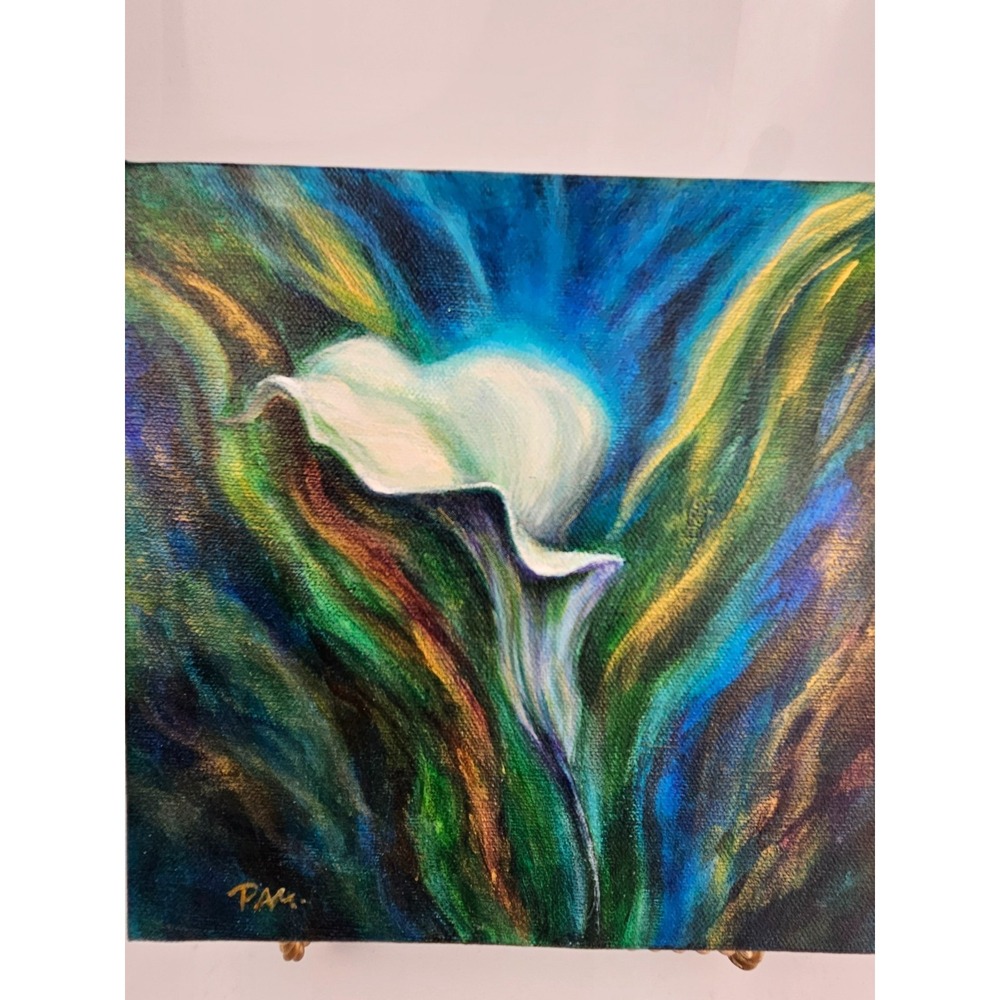 Original Painting‎ and Hand Painted Glass Vase Set Calla Lily Signed Art - Picture 12 of 16